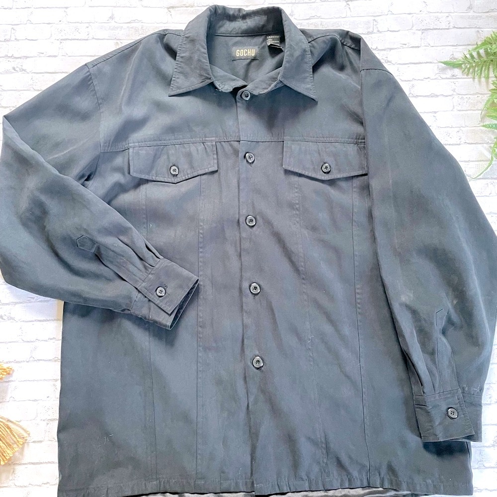 Gochu Men’s Long Sleeve Shirt XL Black Lined Secret Pouch Luxury Work Casual Y2K